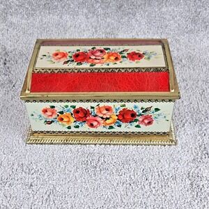 Linette Vintage Floral Metal Box Red Gold Rose Tin West Germany Reading PA